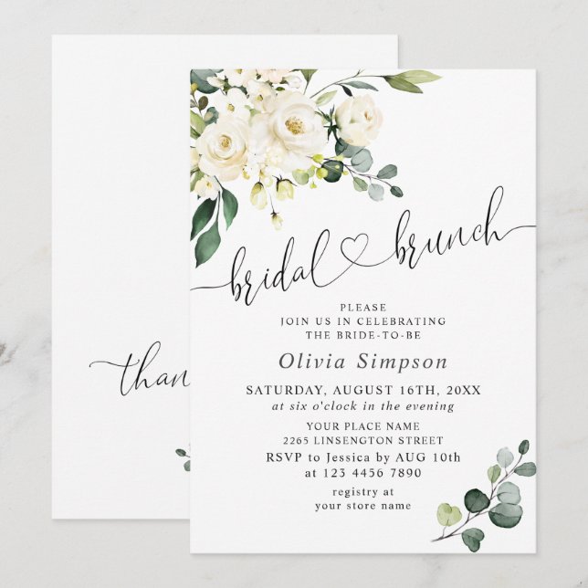 Convites Café da Manhã de Noiva com Rosas Brancas de Eucali (Frente/Verso)