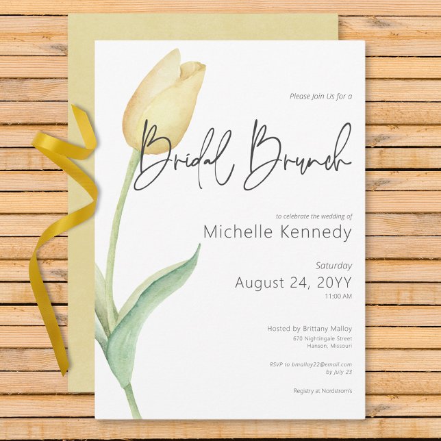 Convites Café da Manhã de Noiva com Tulipa Amarela Moderna  (Modern Yellow Tulip Solo Bridal Brunch Invitation)