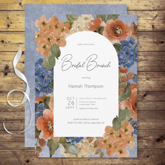 Convites Café da Manhã de Noiva Floral Azul Rústico e Ferru (Rustic Blue & Rust Floral Bridal Brunch Invitation)
