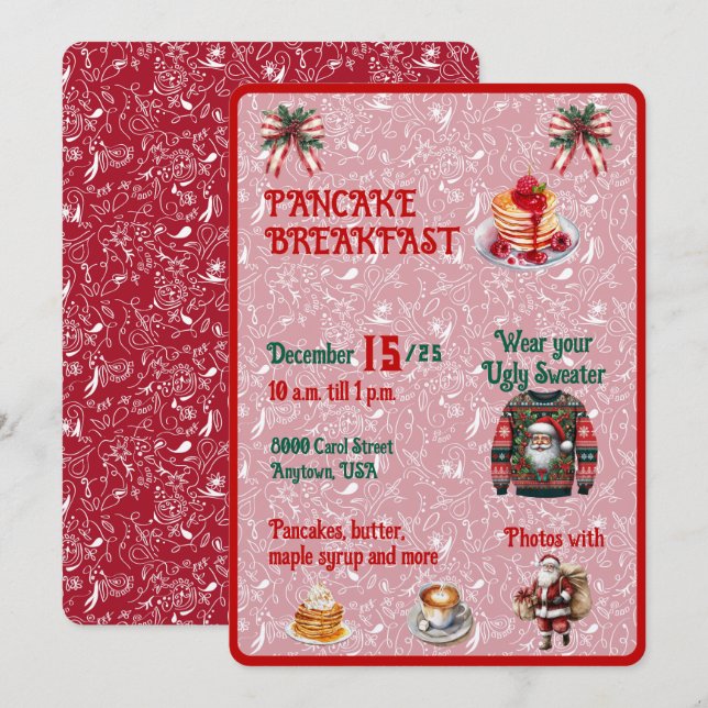 Convites Café da Manhã de Panqueca de Natal Vermelho e Verd (Frente/Verso)