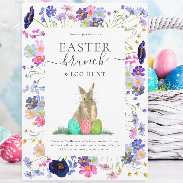 Convites Café da manhã de Páscoa & Caça aos Ovos (Easter bunny egg hunt and wildflower spring party invitation Watercolor wildflowers)