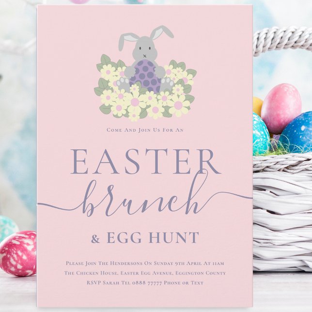 Convites Café da Manhã de Páscoa e Caça aos Ovos Coelhinho  (Cute easter bunny egg hunt and brunch spring party pink invitation whimsical elegant modern script)