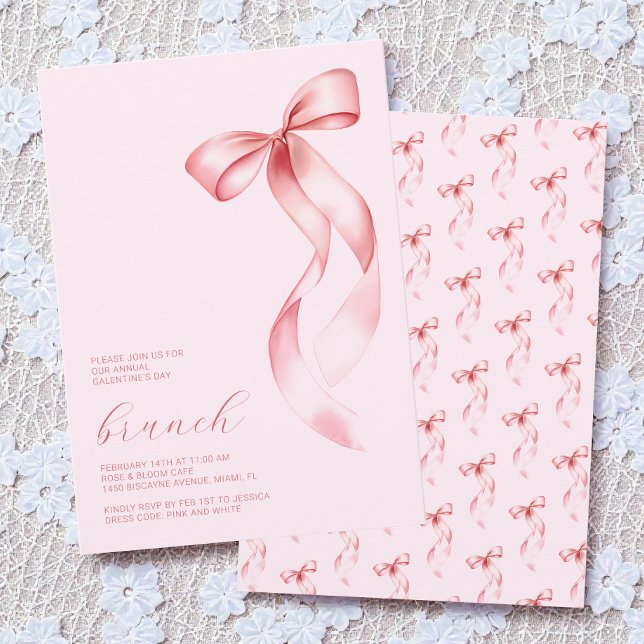Convites Café da Manhã do Dia das Galentines Rosa Chique co (Watercolor Pink Bow Chic Galentine’s Day Brunch Invitation)