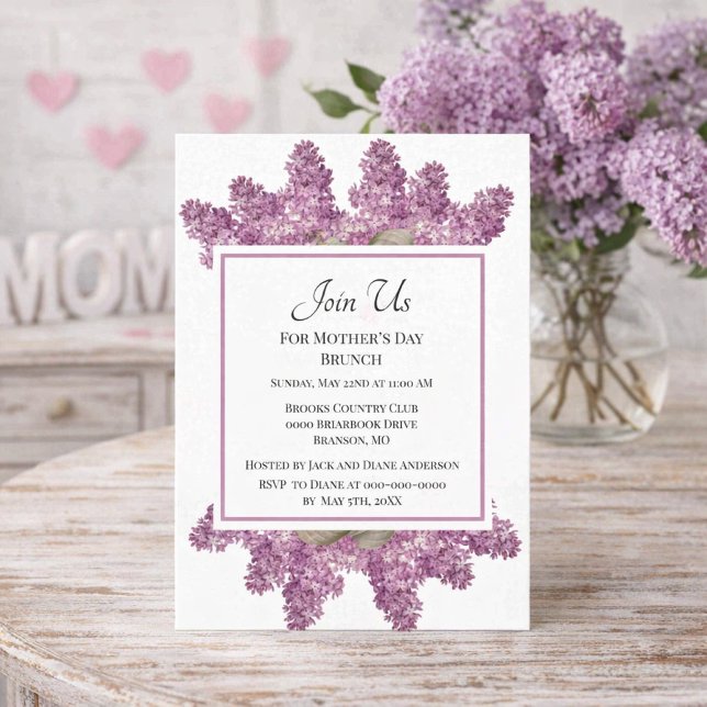 Convites Café da Manhã do Dia das Mães Botânico Lilás Vinta (Elegant lilac invite sets the tone for a vintage-inspired Mother’s Day brunch celebration.)