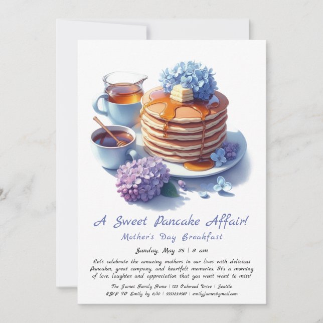 Convites Café da manhã do dia das mães - Panquecas e lilás (Frente)