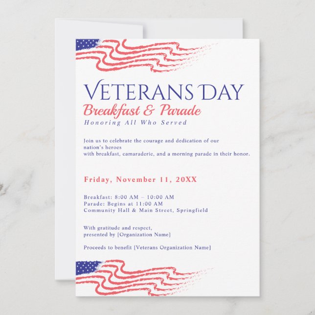 Convites Café da Manhã do Dia dos Veteranos Desfile Patriót (Frente)
