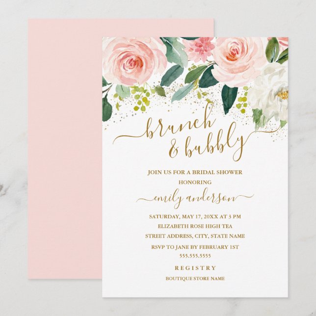 Convites Café da Manhã e Brunch Floral Rosa Dourado e Chama (Frente/Verso)