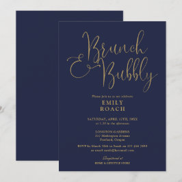 Convites Café da Manhã e Bubbly em Azul Marinho e Dourado p