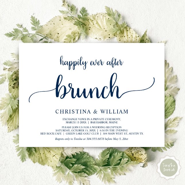 Convites Café da Manhã Felizes para Sempre, Casamento às Pr (Happily ever after brunch, Modern wedding, invitation card, PDF, in Navy blue)