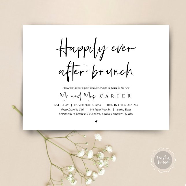 Convites Café da manhã 'felizes para sempre', pós-casamento (Happily Ever After Brunch Invitation Card, Post wedding, Modern Script, Timeless Black and White)