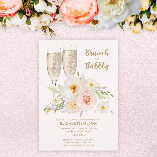 Convites Café da Manhã & Jardim de Flores Bubbly para Chá d (Brunch & Bubbly blush garden flowers bridal shower invitations, INSTANT DOWNLOAD and/or PRINTED)