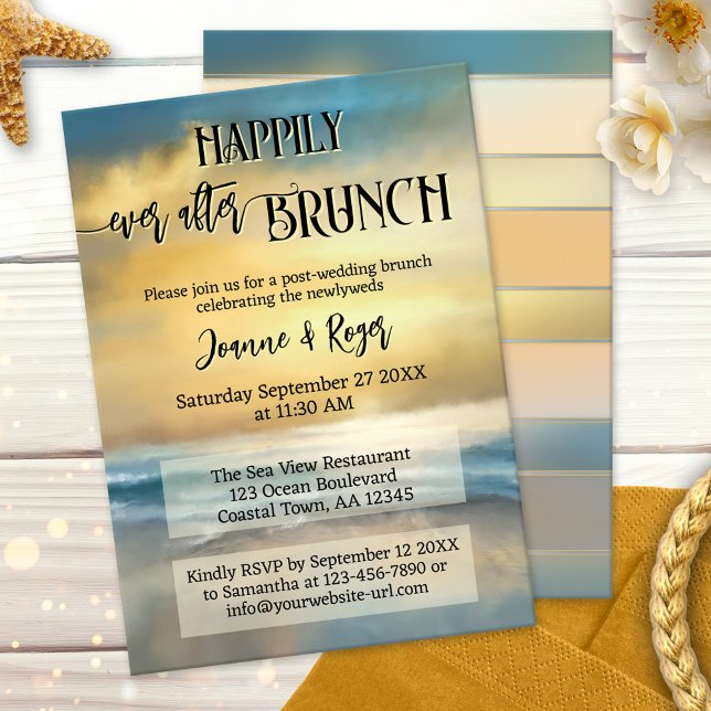 Convites Café da Manhã na Praia de Casamento Feliz para Sem (After wedding brunch invitation showing an original fine art painting of a sunset at a stormy beach)