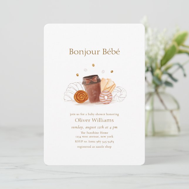 Convites Café da Manhã Neutro Bonjour Bébé Chá de Bebê (Em pé/Frente)