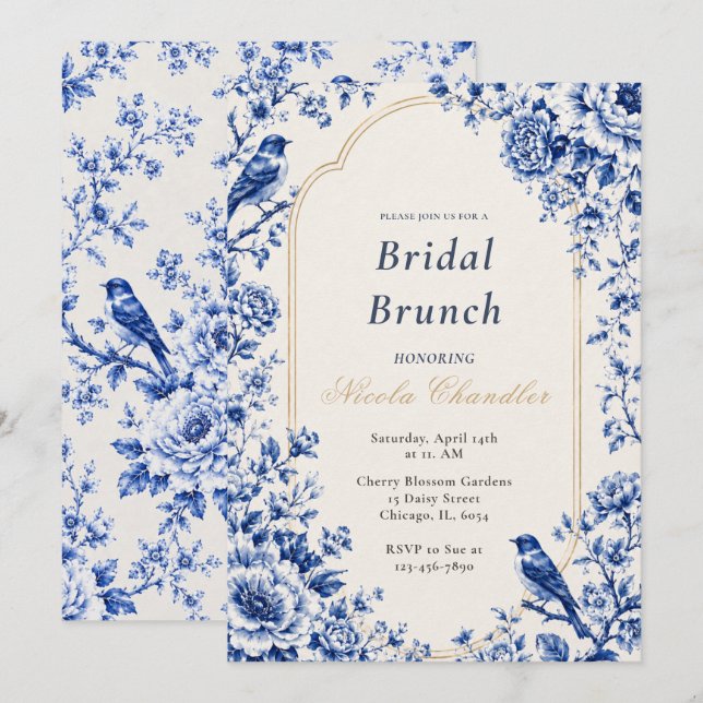 Convites Café da Manhã Nupcial Azul Chinoiserie (Frente/Verso)
