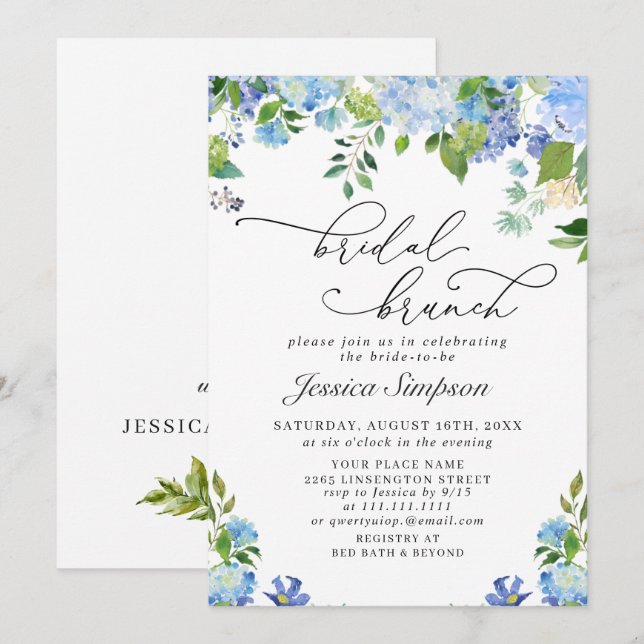 Convites Café da Manhã Nupcial em Aquarela Azul Elegante co (Frente/Verso)