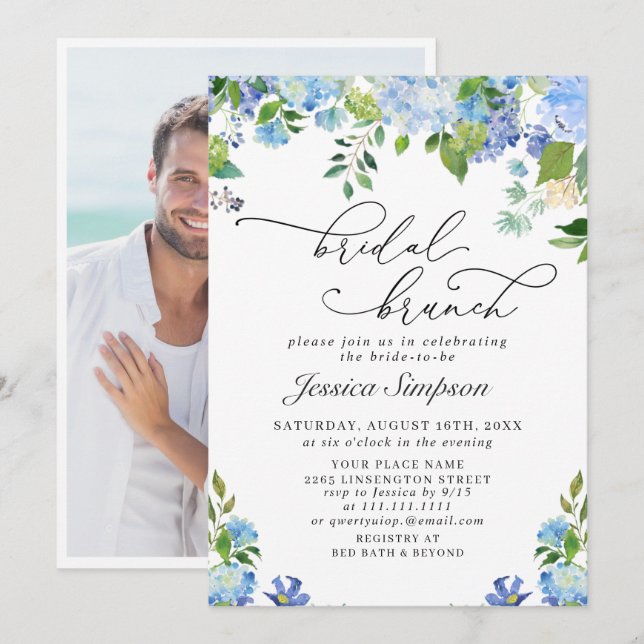 Convites Café da Manhã Nupcial em Aquarela Azul Elegante de (Frente/Verso)