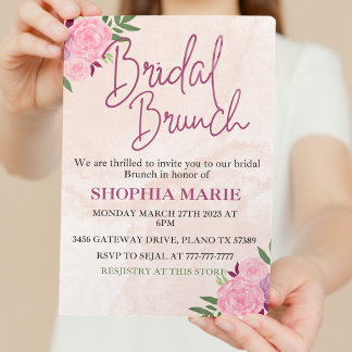 Convites Café da Manhã Nupcial Floral com Aquarela Rosa Mod