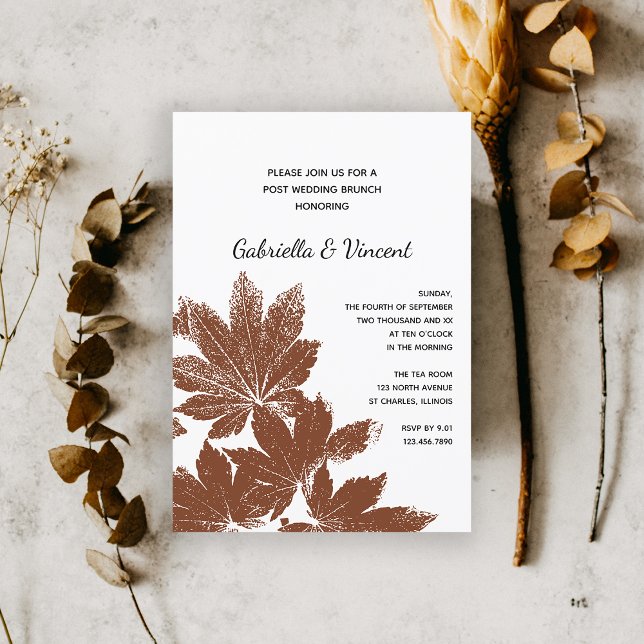 Convites Café da Manhã Pós-Casamento com Carimbo de Folha d (Fall in Love with this natural woodsy wedding brunch invitation.)