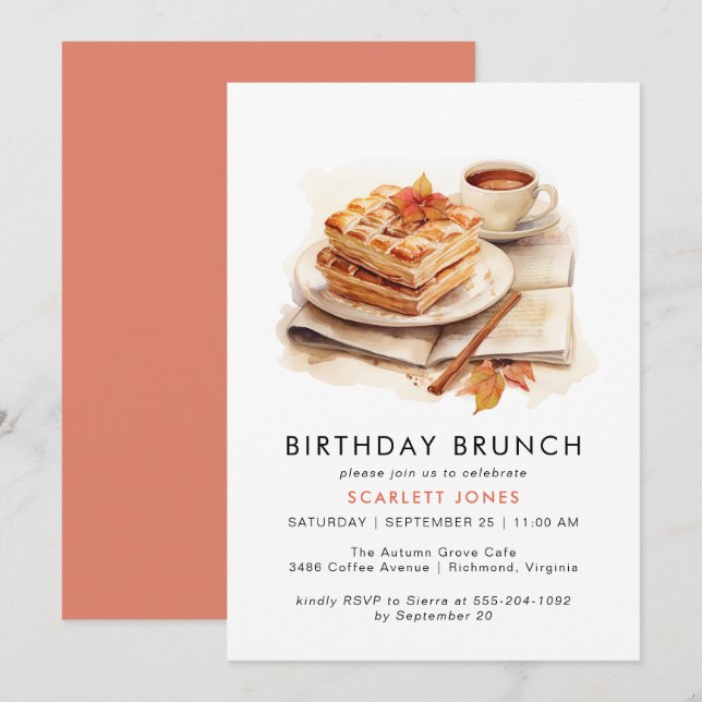 Convites Café de Aquarela | Cute Casual Birthday Brunch (Frente/Verso)