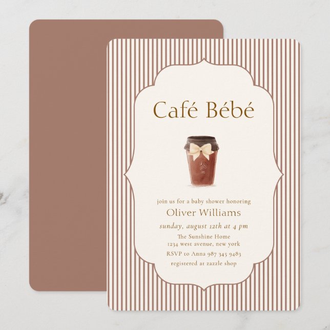Convites Café Elegante Listra Marrom Bébé Chá de Bebê (Frente/Verso)