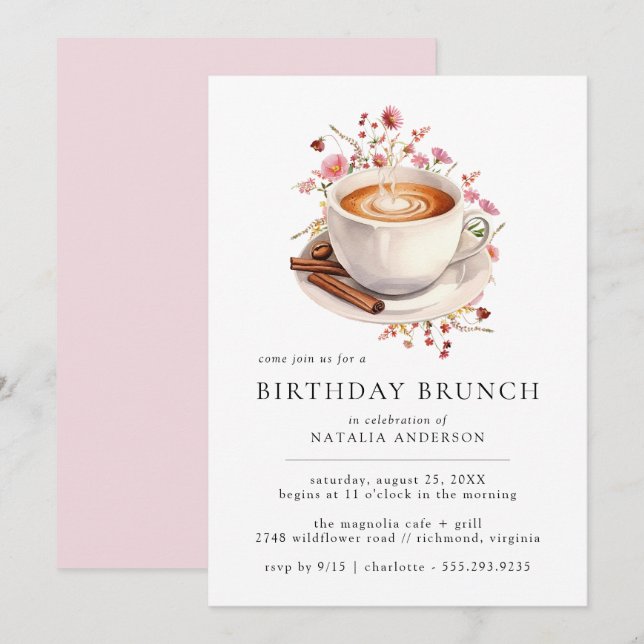Convites Café Floral | Cute Girly Pink Birthday Brunch (Frente/Verso)