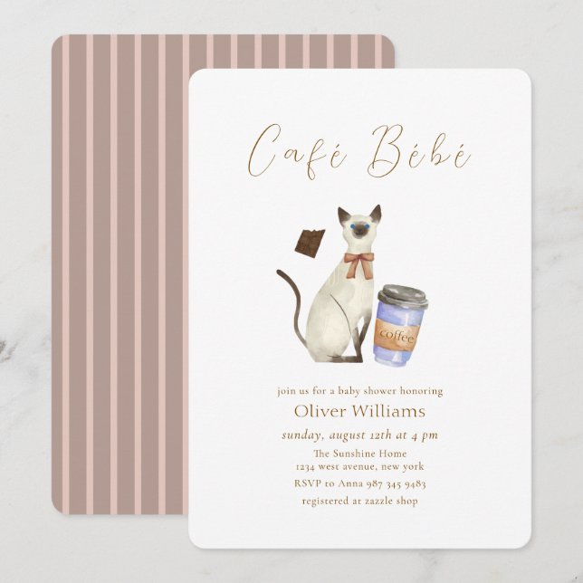 Convites Café Neutro Bébé Gato Café  Chá de Bebê (Frente/Verso)