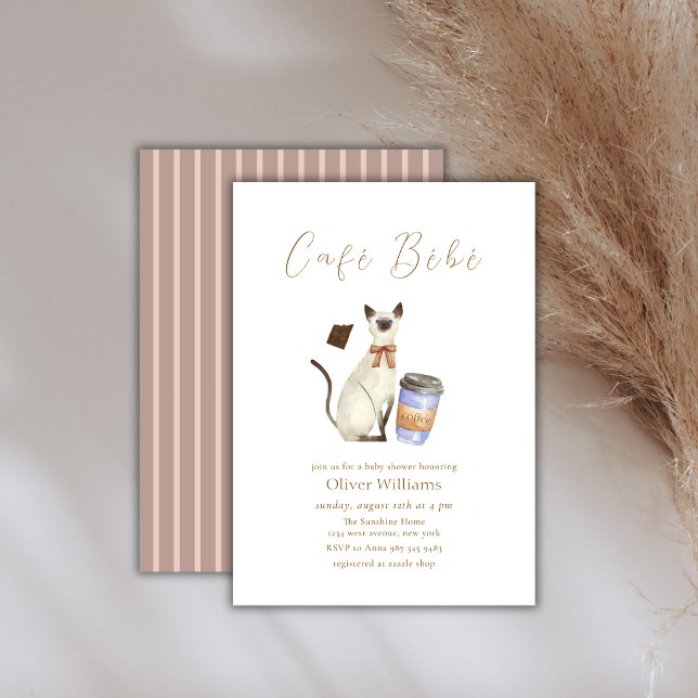 Convites Café Neutro Bébé Gato Café  Chá de Bebê (Neutral Café Bébé Cat Coffee Baby shower Invitation)