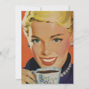 Convites Café Vintage, Mulher Feliz com Xícara de Café Retr