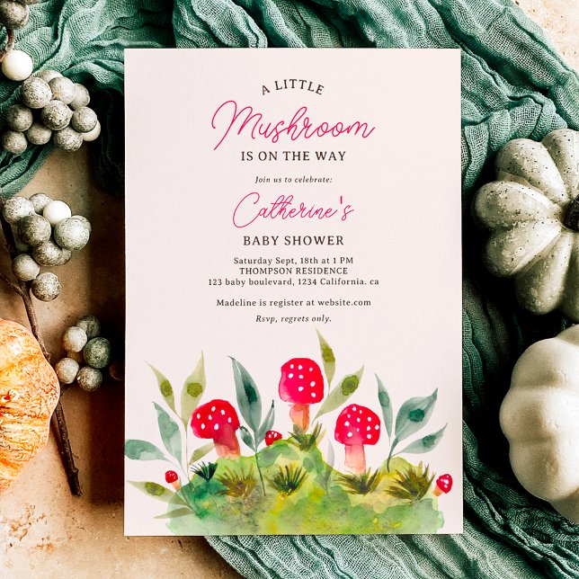 Convites Cair Cura Cura Cura Pequena chá de fraldas de cogu (Cute fall hand painted watercolor little mushroom baby shower invitation)
