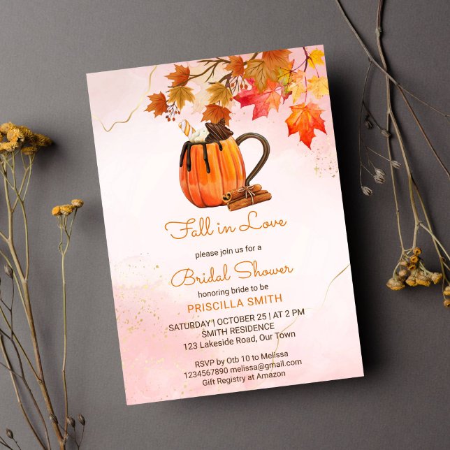 Convites Cair no amor, abóbora, mapeamento do outono, chá d (Fall in love autumn themed bridal shower template invitation instant download pumpkin tea maple)
