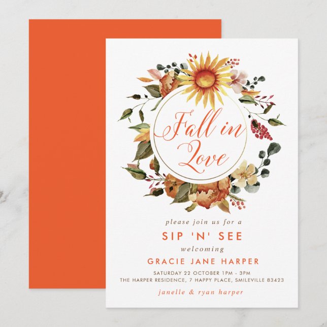 Convites Cair no Amor, Autumn Wreath Sip & Veja (Frente/Verso)