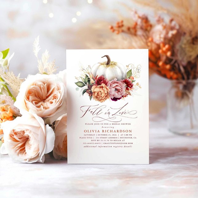 Convites Cair no Chá de panela do Amor (Fall in Love Bridal Shower Invitations with the White Pumpkin and Vibrant Flowers)