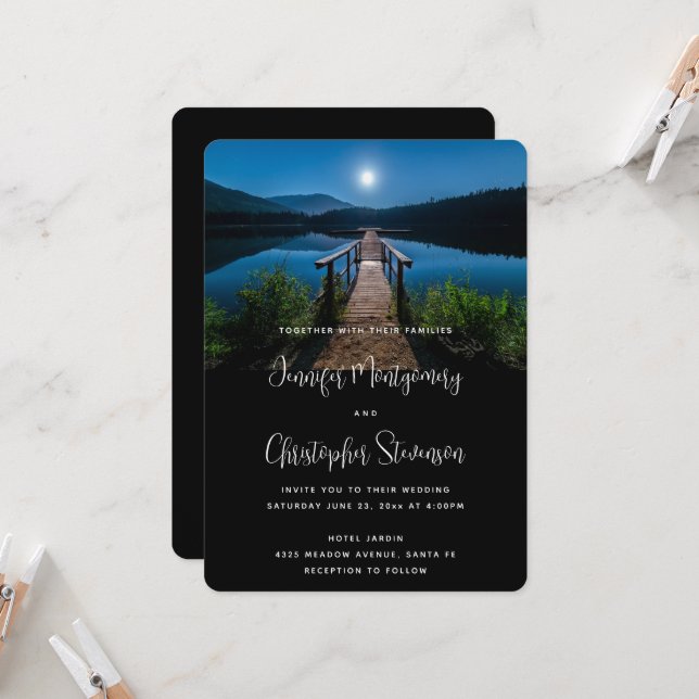 Convites Cais à Noite sob Casamento ao Luar Cheio (Frente/Verso In Situ)