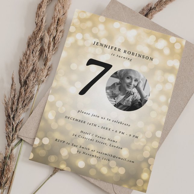 Convites Caixa Dourada de Festa de aniversário de Foto Míni (Minimal Photo 70th Birthday Party Gold Bokeh Invitation)