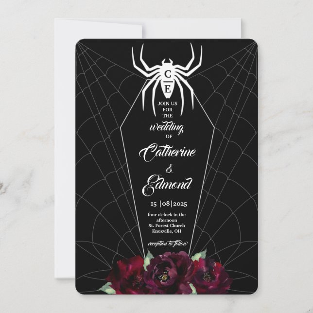 Convites Caixão Teia de Aranha Preto Branco Hallowedding (Frente)