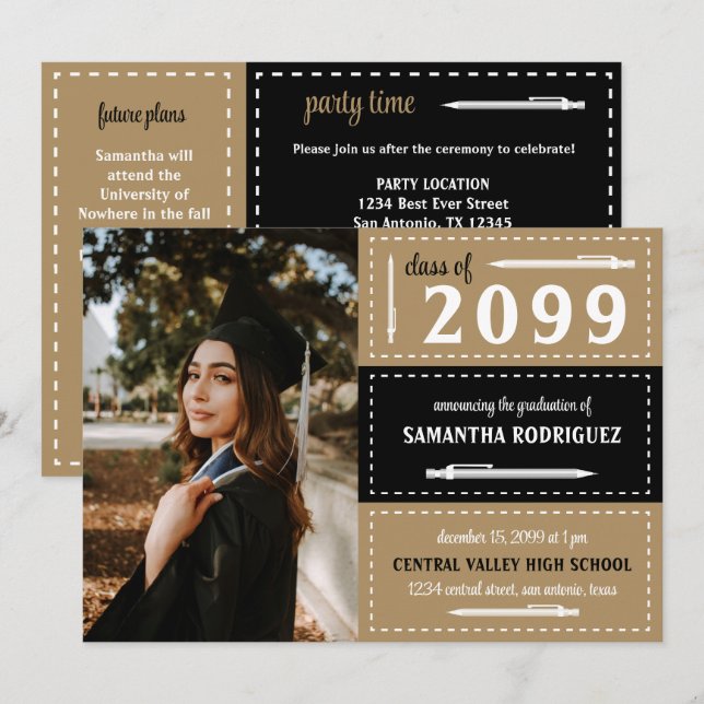 Convites Caixas e Lápis Pontilhados Preto e Dourado Formatu (Frente/Verso)