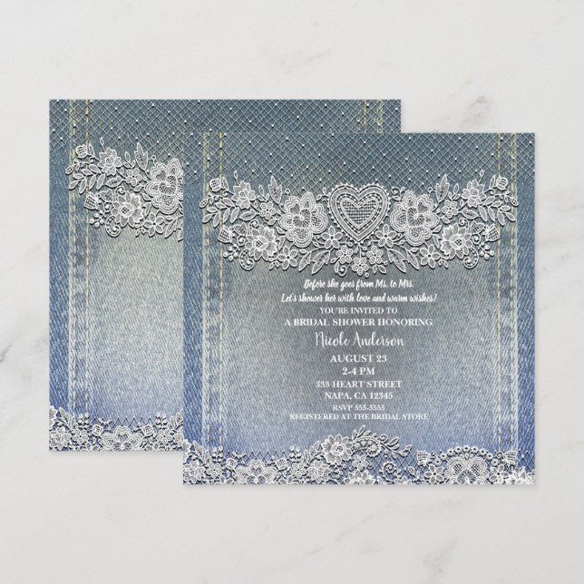 Convites Calça Jeans Azul e Bridal Shower de Renda com Cora (Frente/Verso)