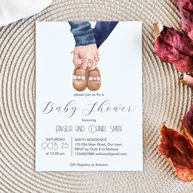 Convites Calçado de bebê minimalista moderno (Modern minimalist baby shoe parents holding hands baby shower template invitation instant download)