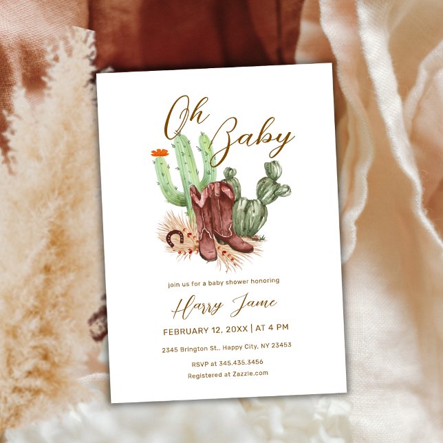 Convites Calçado de cowboy moderno Boho Cactus (Modern Boho Cactus Cowboy Shoes Baby Shower Invitation)