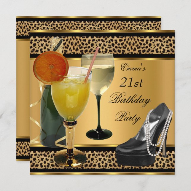 Convites Calçado de Leopard Bebidas aniversário de 21 anos (Frente/Verso)