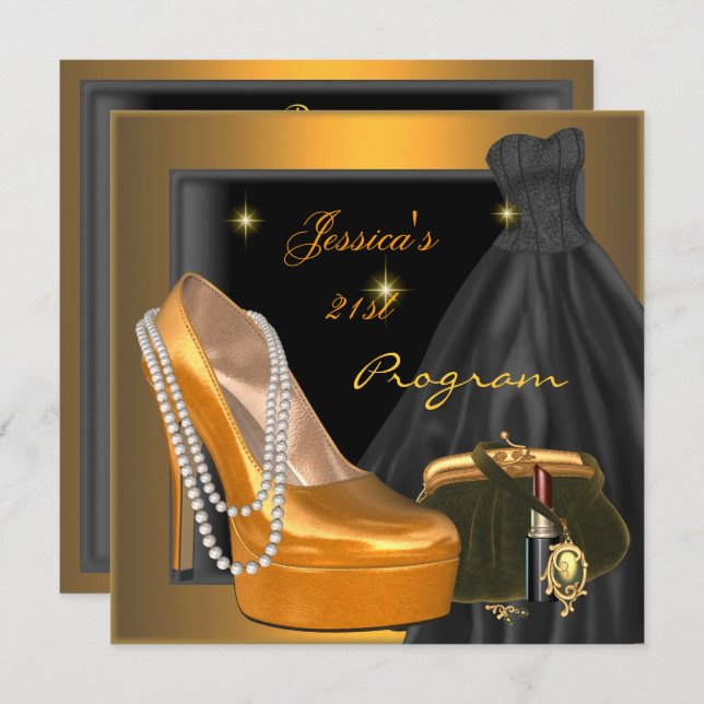 Convites Calçado do Programa aniversário de 21 anos Dourado (Frente/Verso)