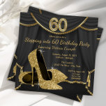 Convites Calçado Dourado preto entrando em 60 Festas de ani<br><div class="desc">Elegante calçado preto e dourado de salto alto, mulher pisando em sessenta e sessenta convites de festas de aniversários com belos calçados de salto alto e brilho dourado sobre fundo de cortina preto e dourado. Este elegante convite de aniversário preto e dourado é facilmente personalizado para o seu partido ou...</div>