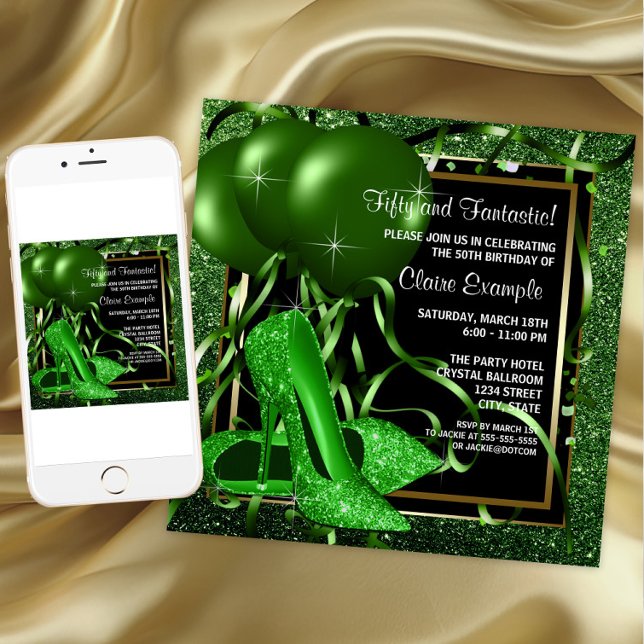 Convites Calçado Emerald Green High Heel Festa de aniversár (Emerald green and gold any occasion invitation. Instant download and printed invitations available.)