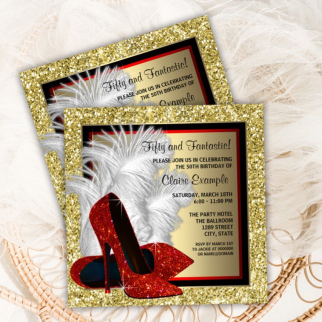 Convites Calçado Red High Heat Qualquer Festa de aniversári (Elegant red, black and gold high heel shoe any event invitation. All text can be changed.)