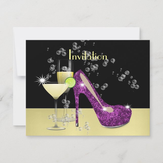 Convites Calçado Roxo Dourado Glitzy Girassol (Frente)