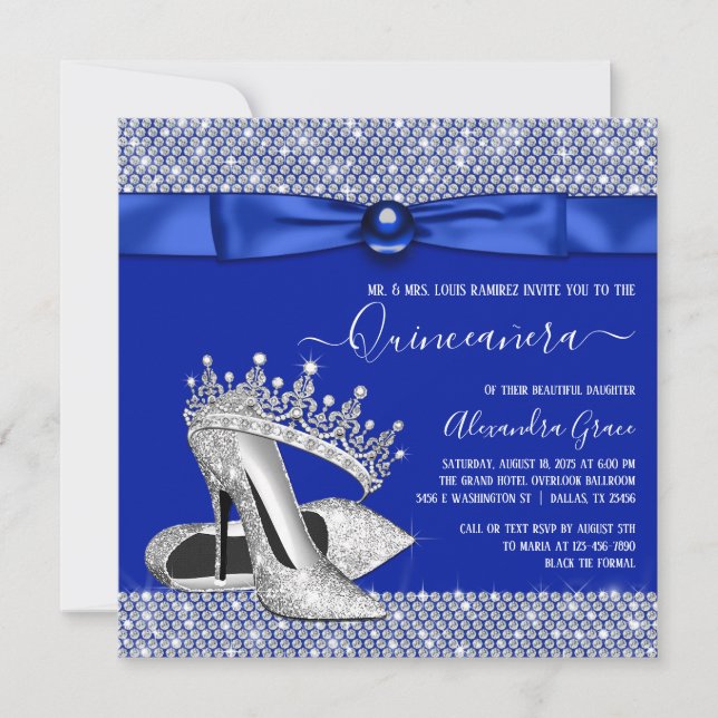 Convites Calçado Royal Blue Quinceanera Diamond Tiara (Frente)