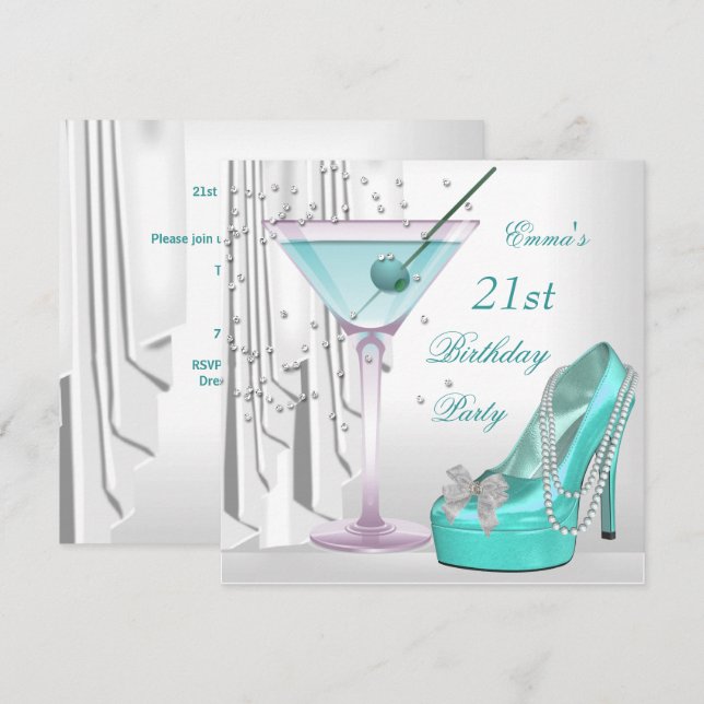 Convites Calçado Teal Branco Martini Pearl do Partido anive (Frente/Verso)