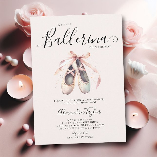 Convites Calçados Ballerina Arco Rosa Chá Dourado Baby Girl (little ballerina baby girl shower invitation pink gold ballet shoes watercolor cute adorable)