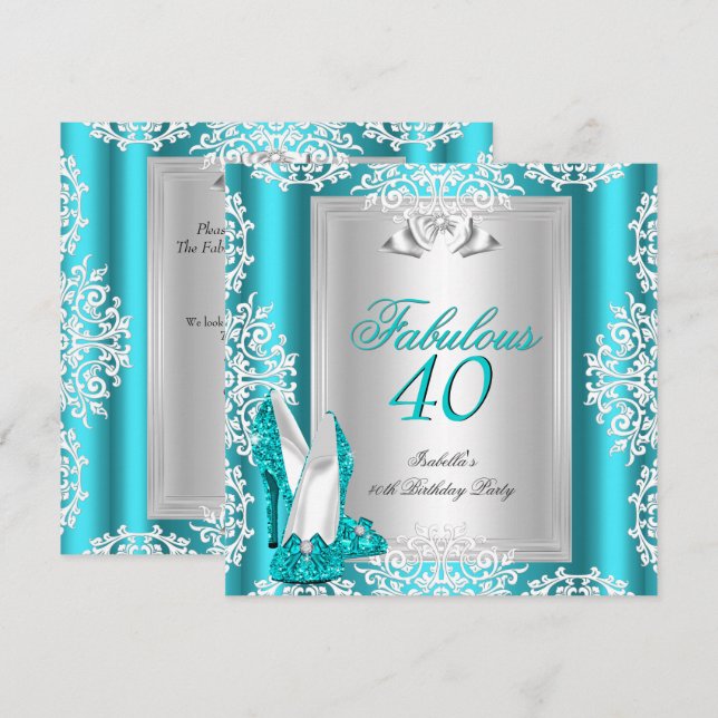 Convites Calçados de Teal Azul Fabulosos de 40 aniversário  (Frente/Verso)