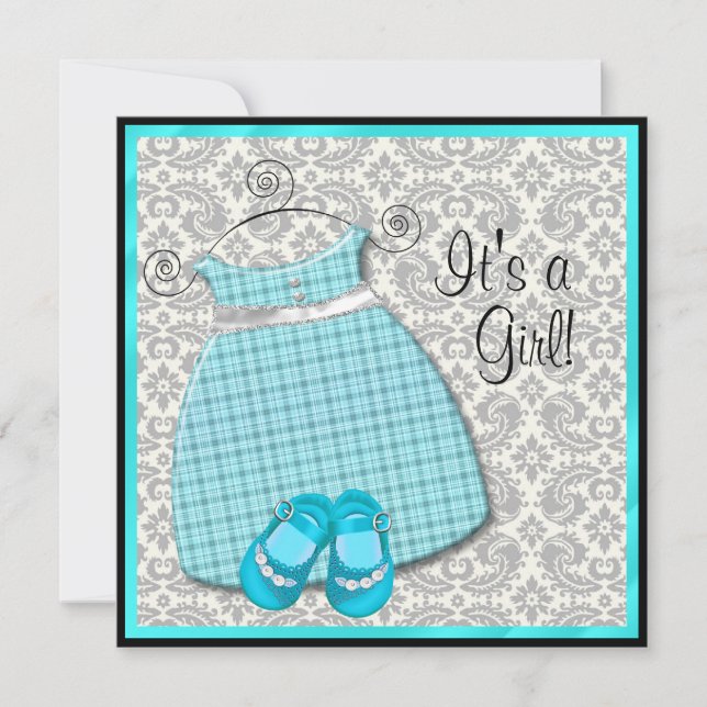 Convites Calçados de vestir azul Teal Damask Baby Girl Chá (Frente)